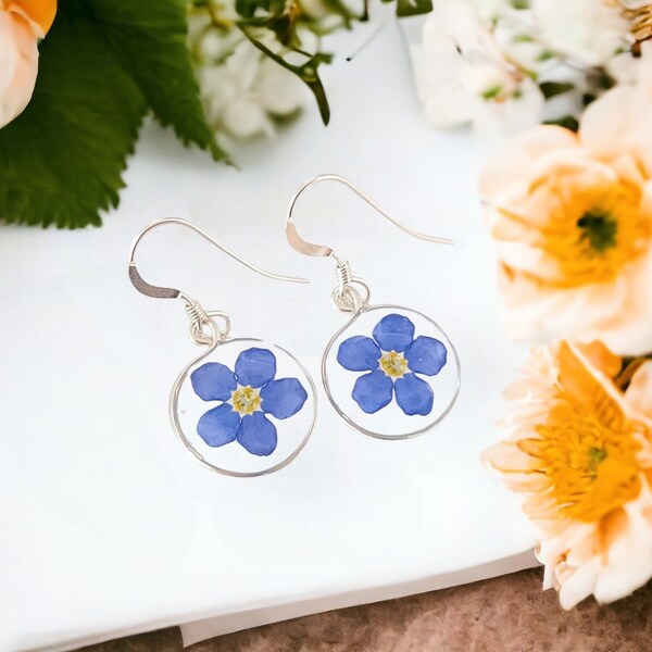 Forget me not dangle earrings sterling silver or silver plated finish | minimalist blue flower resin drop earrings for women | birthday gift
