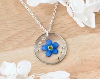 Forget-Me-Not Single Real Flower Necklace For Women, Silver Forget-Me-Not Necklace Gift For Her, Bridesmaid Favour Necklace Gifts