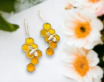 Bee and Honeycomb Earrings, Yellow Honeycomb Jewellery For Women, Silver Honeycomb Dangle Earring Gift For Her, Handmade Honeycomb Earrings