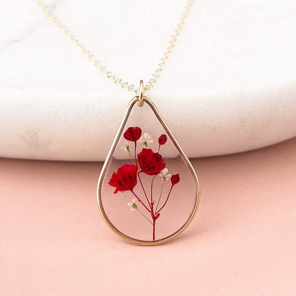 Gold filled high quality teardrop poppy necklace for women, tarnish resistant real red flower necklace, minimalist necklace gift for her