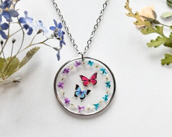 Real Pressed Flower Butterfly Necklace, Handmade Garden Jewellery, Birthday Gift For Her