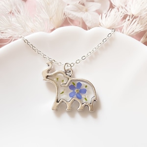 Silver Forget Me Not Elephant Necklace, Elephant jewellery, Elephant lovers gift, Blue flower elephant necklace, dainty elephant necklace