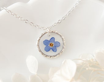 Forget-Me-Not Flower Necklace, Special Memorial Necklace, Small Round Necklace with Real Blue Flower, Sterling Silver Forget Me Not Necklace