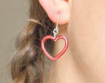 Red heart dangle earrings for women, Resin outline heart drop earrings for her, Red heart statement earring gifts for her, Red heart jewelry