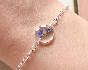 Sterling Silver Forget-Me-Not Bracelet, Pressed Flower Jewelry