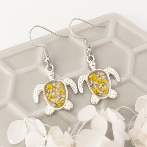 Silver turtle earrings, yellow and white flower turtle earrings for women, jewellery gifts for girls, bridesmaid birthday gift for her image 2