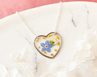 Forget Me Not and Babys Breath Heart Necklace For Women, Silver Heart Necklace With Real Pressed Flowers, Bridesmaids Gifts For Her