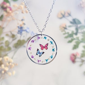 Butterfly Necklace With Real Flowers For Women, Handmade Garden Lover Birthday Gifts For Her, Butterfly Jewellery Bridal Favours