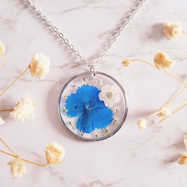 Sweet Williams Necklace For Women, Blue Sweet Williams Jewellery, Dianthus barbatus Real Flower Necklace Gift For Her, Floral Necklace