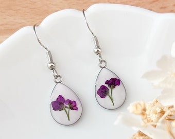 Purple Flower Teardrop Earrings For Women, Simple Flower Dangle Earrings For Her, Alyssum Flower Jewellery Gifts for Bridesmaids