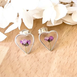 Purple Flower Stud Earrings For Women, Sterling Silver Heart Studs For Her, Floral Purple Jewellery Gifts For Her, Small Heart Stud Earrings