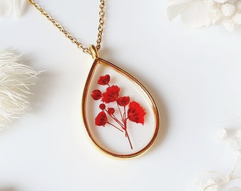 Gold Poppy Teardrop Necklace For Women, Red Babys Breath Necklace Gift For Her