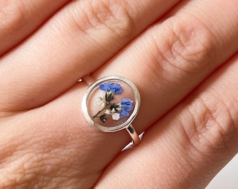Forget Me Not Stem Ring, Stainless Steel Real Flower Round Ring, Adjustable Floral Ring For Women, Bridesmaid Ring Gifts For Her