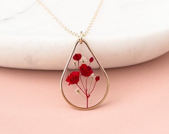 Gold filled high quality teardrop poppy necklace for women, tarnish resistant real red flower necklace, minimalist necklace gift for her