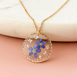 Gold Forget Me Not Necklace For Women, Blue Flower jewellery Gift For Her, Remembrance Keepsake Pendant Special Gift for Birthday