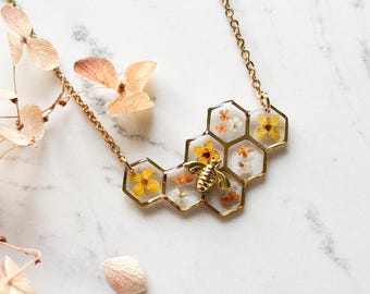 Honeycomb Bee Necklace, Real Flower Resin Pendant, Stainless Steel Yellow Hexagon Floral Jewellery
