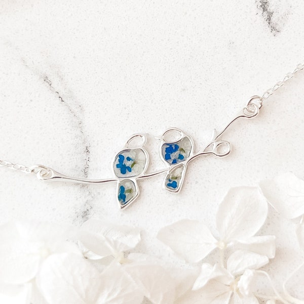 Sterling Silver Lovebird Necklace for Women, Blue Real Flower Bird Necklace Gift for Her, Two Bird Necklace for Girlfriend, Couple Gift