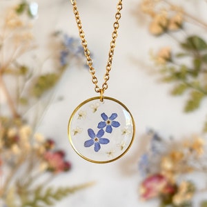 Gold Forget Me Not Necklace with White flowers, Blue flower pendant for Women, Keepsake Necklace Gift For Her, Non Tarnish Necklace