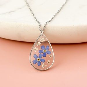 Teardrop Forget Me Not Necklace For Women, Real Blue Flower Handmade Necklace Gift For Her, Bridesmaid Favour Gifts For Her, Memorial Gifts