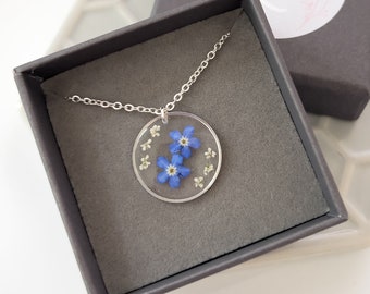 Forget Me Not Necklace, Real Pressed Flower Resin Pendant