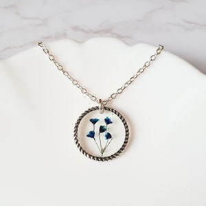 Blue flower necklace, round necklace, real pressed flower necklace, blue necklace, women's necklace, babys breath necklace, women's necklace