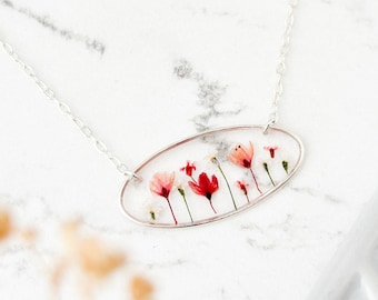 Sterling Silver Oval Real Flower Necklace For Women, Real Pink Flower Resin Jewellery, Bridesmaid Floral Gift Favours For Her