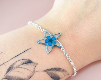 Blue and white petal bracelet, Simple silver and black resin bracelet for women, Real flower bracelet gifts for her, Blue Blossom Bracelet