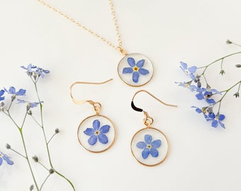 Gold Filled Forget Me Not Necklace and Earring Set For Women, Real Forget Me Not Resin Jewellery, Bridesmaid wedding favour gifts for her