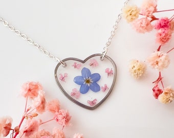 Forget Me Not Heart Necklace with Pink Flowers, Real Pressed Flower Necklace for Women, Floral Jewellery Gifts For Her Birthday