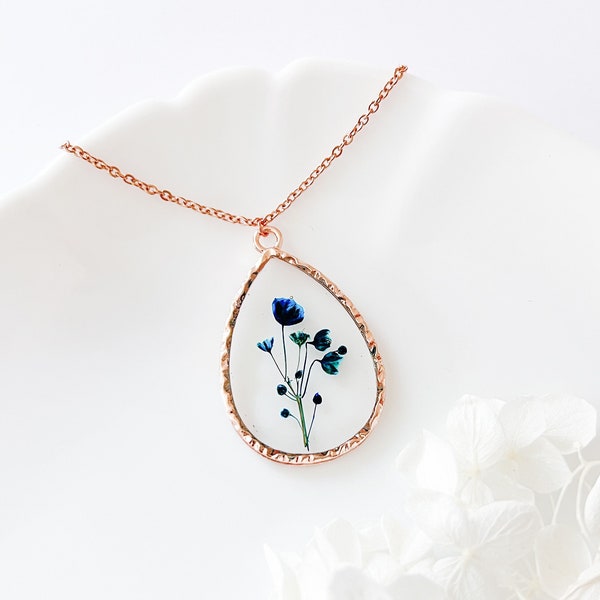 Rose gold necklace, babies breath necklace, teardrop necklace, blue flower necklace, real pressed flower necklace, minimalist necklace