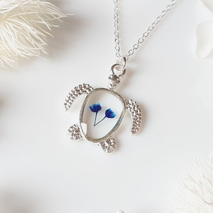 Turtle Necklace, real pressed flower necklace, silver necklace, flower necklace, turtle flower necklace, necklaces for women, gifts for her
