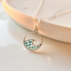 Wave Necklace, blue flower necklace, sea necklace, silver wave necklace, wave pendant, ocean necklace,real flower necklace, bridesmaid gifts