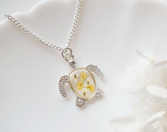 Silver Turtle Necklace For Women With Real Pressed Yellow Flowers