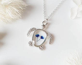 Collana con tartaruga in vero fiore pressato, regalo di gioielli in argento