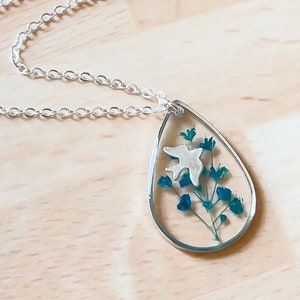 Silver Bird Necklace with Blue Flowers, Sterling Silver Teardrop Pendant with Real Flowers for Women, Something Blue Bridal Gift for Her image 2