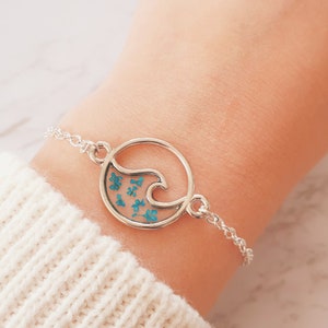 Silver Beach Wave Bracelet For Woman | Sterling silver Bracelet With Real Blue Flowers | Beach Jewelry For Her