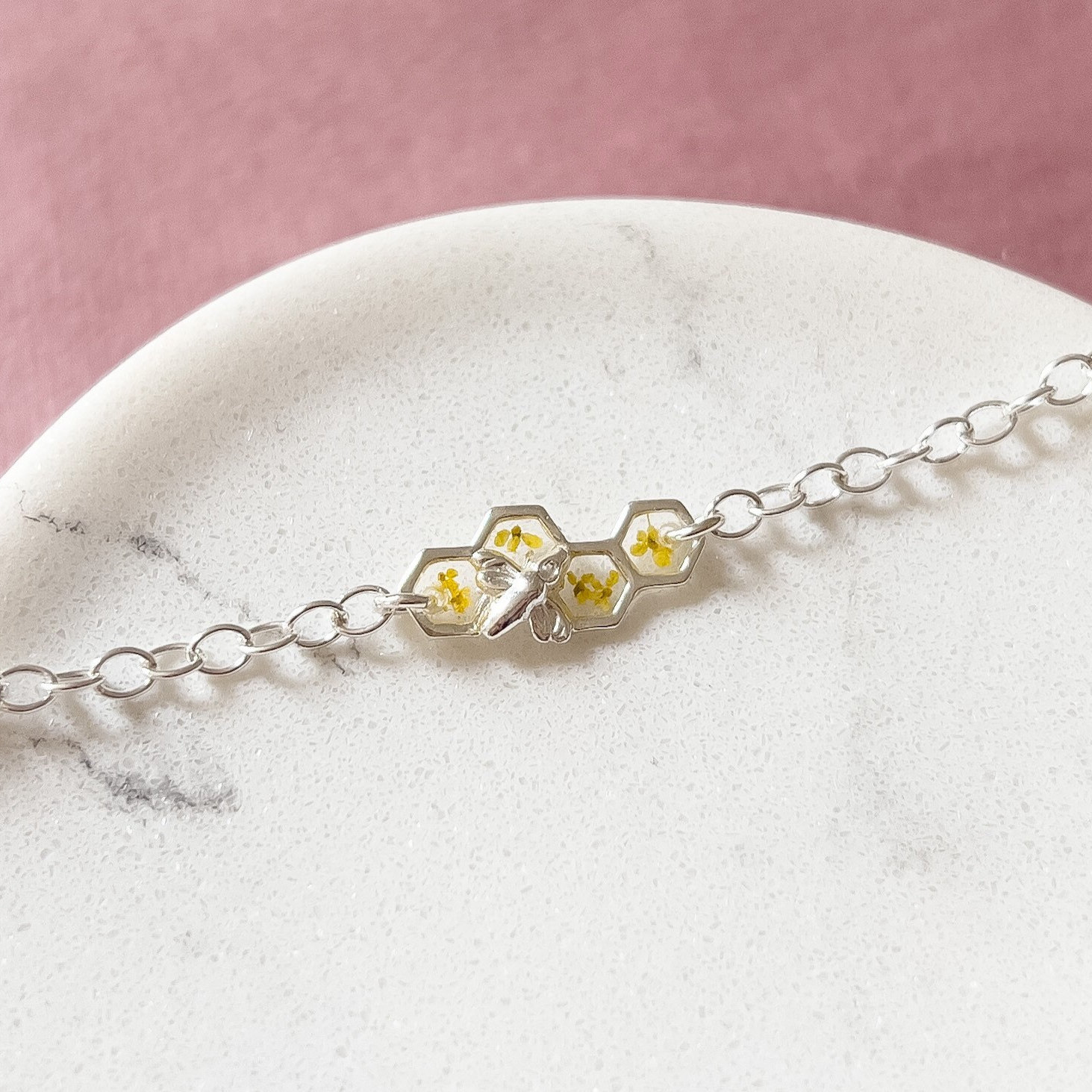 Sterling silver bee bracelet with yellow flowers, honeycomb bumble bee bracelet for women with angelite charm, birthday gifts for her