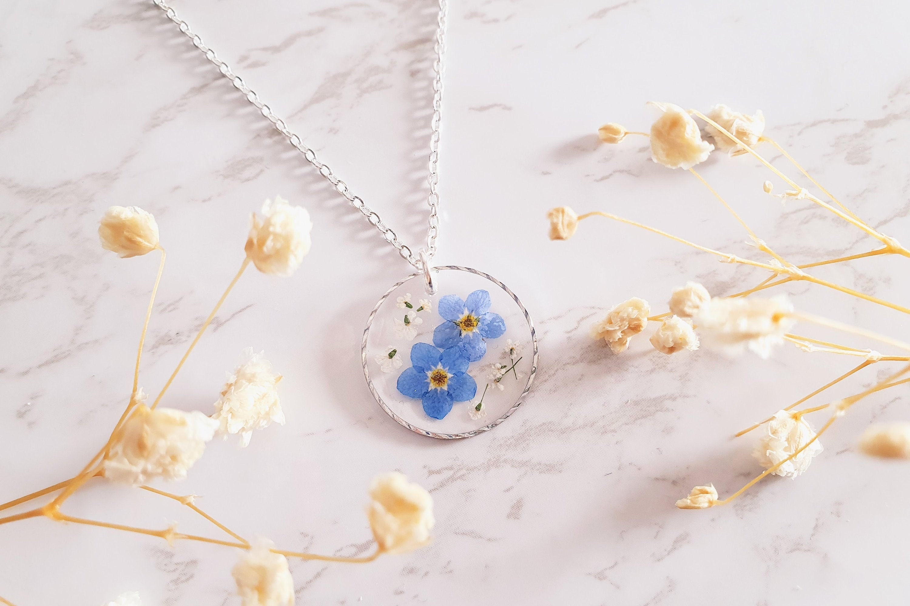 Hammered edge forget me not necklace, personalised necklace, real flo…