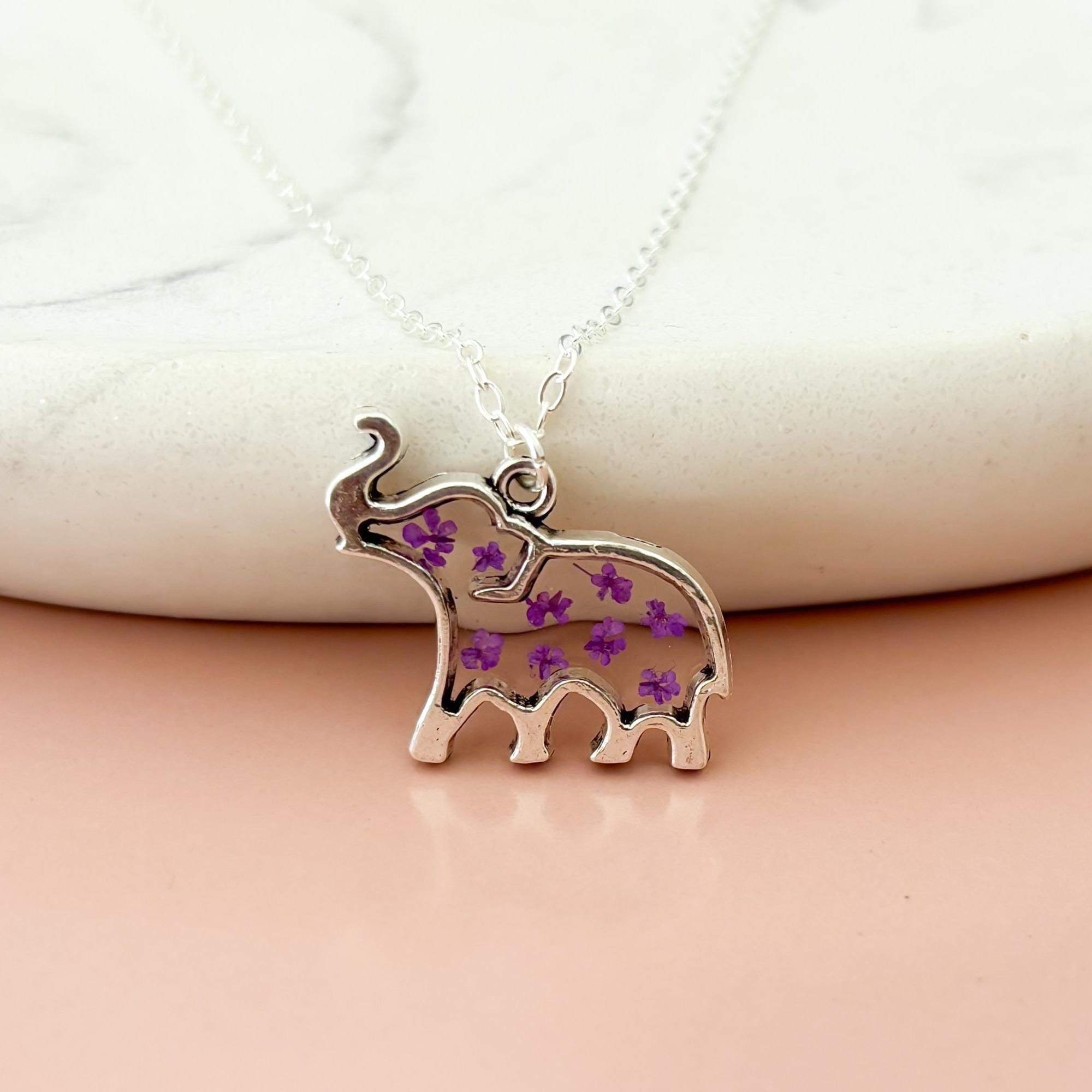 手作り樹脂象ネックレス、本物の紫色の花、シルバージュエリー - Etsy 日本