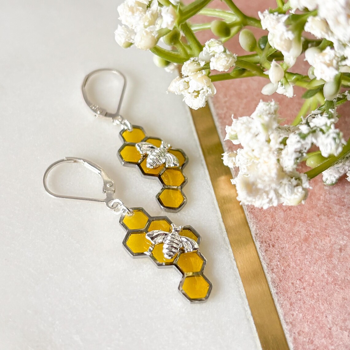 Honey Comb And Bee Feather Earrings FINAL SALE