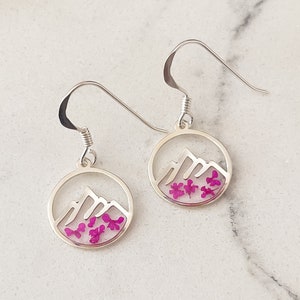 Sterling silver mountain earrings for women, pink flower mountain dangle earring gift for her, travel jewellery gifts for friend image 3