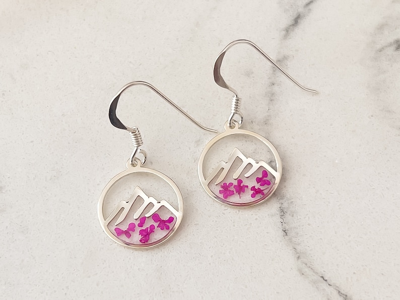 Sterling silver mountain earrings for women, pink flower mountain dangle earring gift for her, travel jewellery gifts for friend image 3