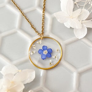 Forget-Me-Not Single Real Flower Necklace For Women, Gold Forget-Me-Not Necklace Gift For Her, Bridesmaid Wedding Gifts, Something Blue image 3