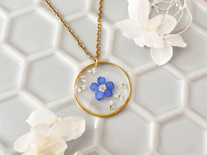 Forget-Me-Not Single Real Flower Necklace For Women, Gold Forget-Me-Not Necklace Gift For Her, Bridesmaid Wedding Gifts, Something Blue image 3