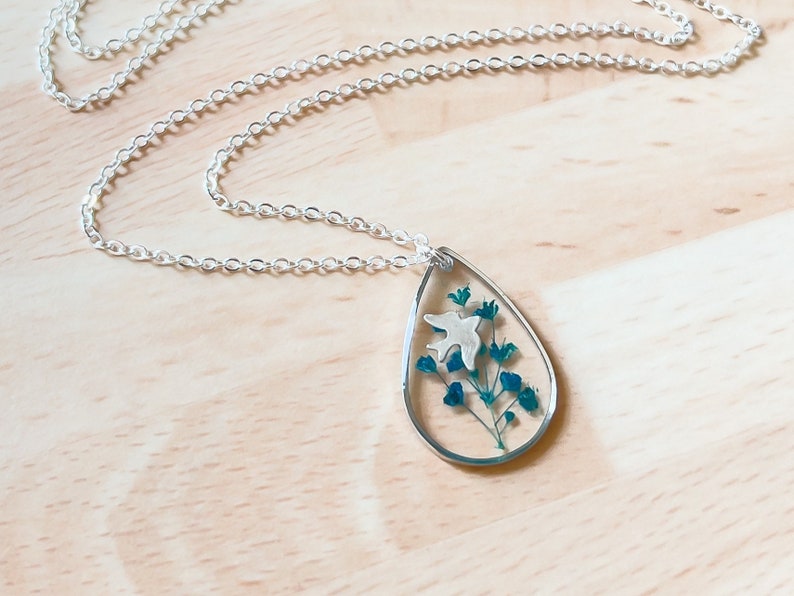 Silver Bird Necklace with Blue Flowers, Sterling Silver Teardrop Pendant with Real Flowers for Women, Something Blue Bridal Gift for Her image 2