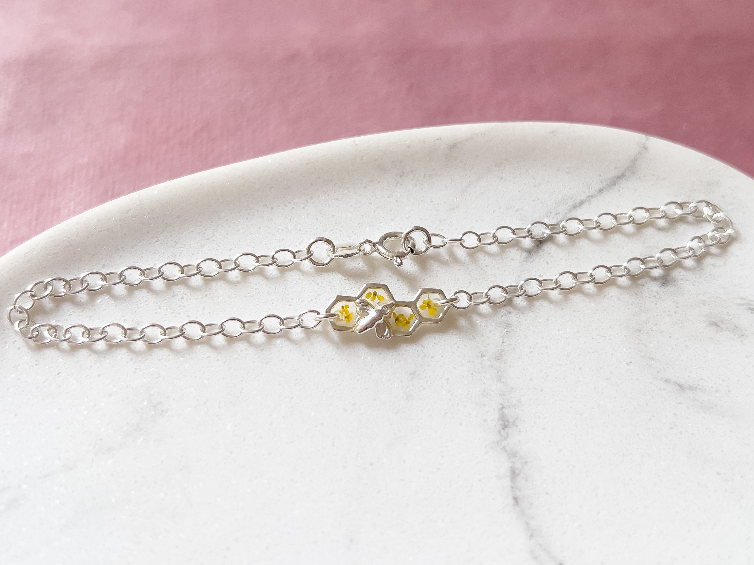 Sterling silver bee bracelet with yellow flowers, honeycomb bumble bee bracelet for women with angelite charm, birthday gifts for her