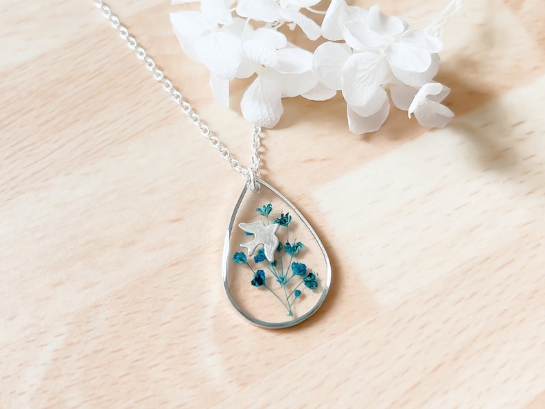 Silver Bird Necklace with Blue Flowers, Sterling Silver Teardrop Pendant with Real Flowers for Women, Something Blue Bridal Gift for Her image 1