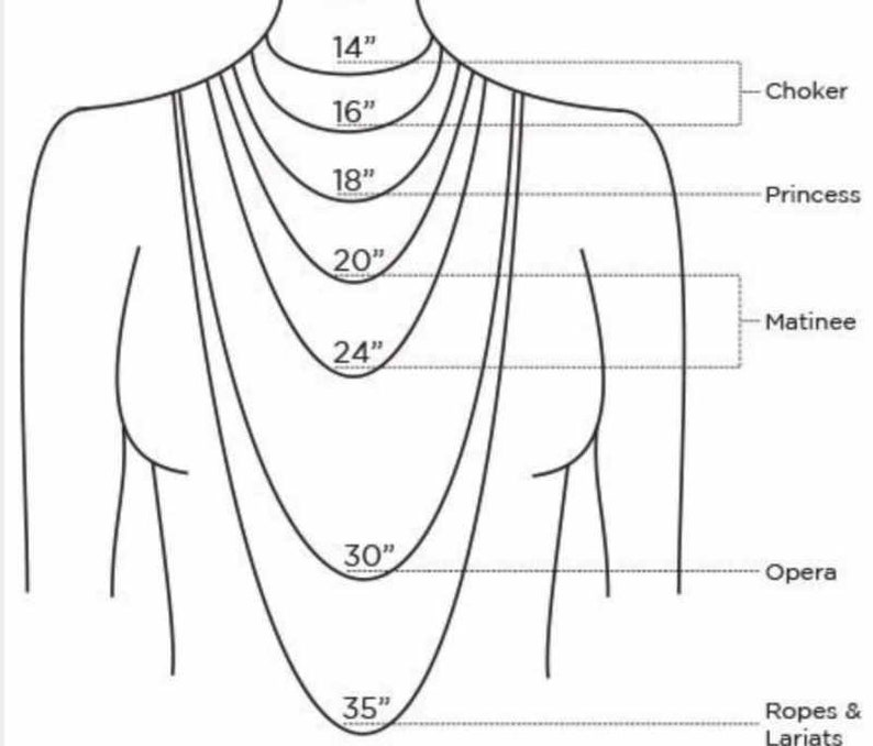 May include: Diagram showing different necklace lengths, including choker, princess, matinee, opera, and ropes & lariats. The lengths are measured in inches: 14", 16", 18", 20", 24", 30", and 35".