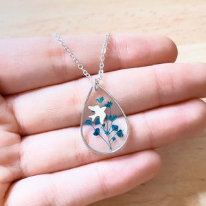 Silver Bird Necklace with Blue Flowers, Sterling Silver Teardrop Pendant with Real Flowers for Women, Something Blue Bridal Gift for Her image 3