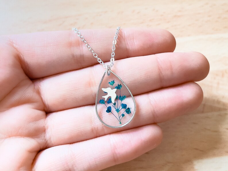 Silver Bird Necklace with Blue Flowers, Sterling Silver Teardrop Pendant with Real Flowers for Women, Something Blue Bridal Gift for Her image 3